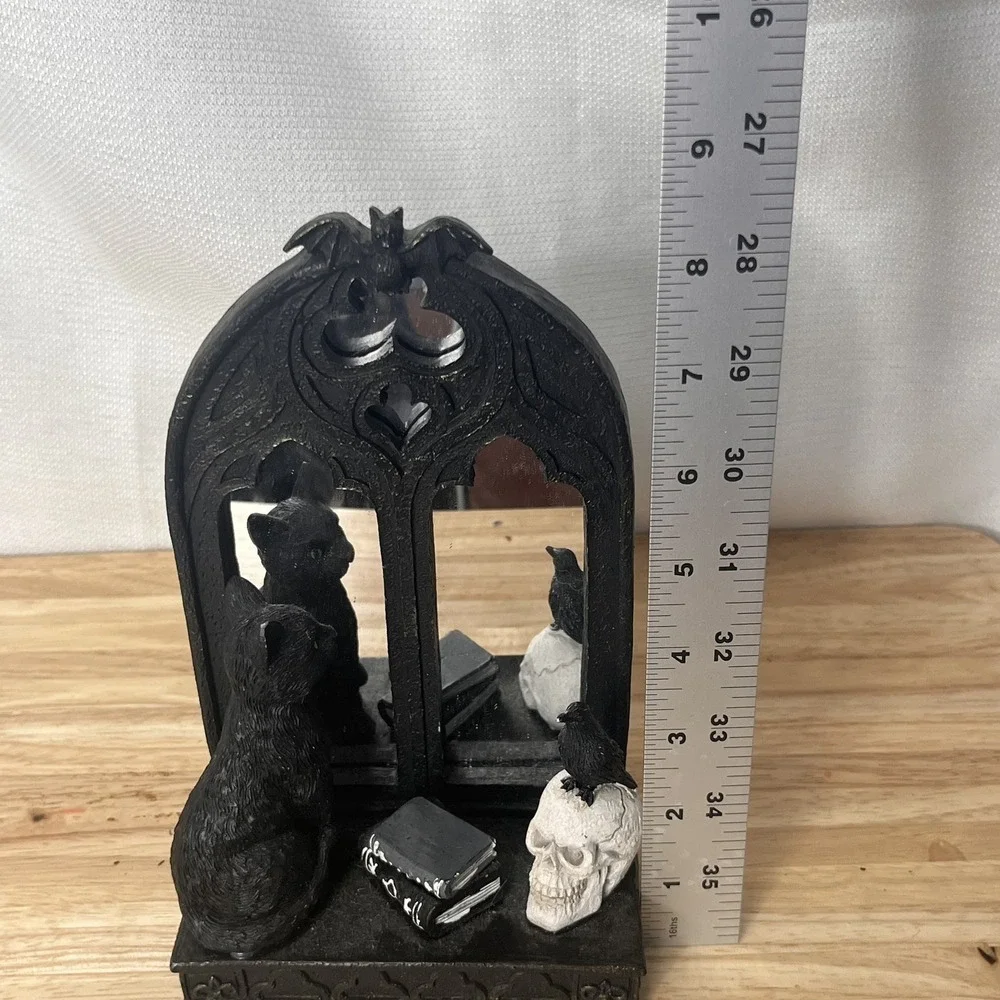 Spooky Halloween decor Magic Mirror Cat , Raven, and Skull Figurine 8.5in / 21cm